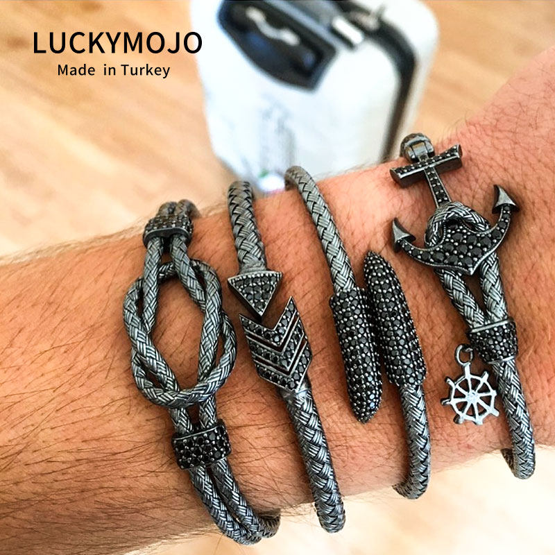Retro Rivet Pure Silver Bracelet Male Tide Personality Braided Hand-made Boat Anchor Couple Silver Bracelet Children Gift Boyfriend