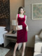 Red host dress female party show thin velvet suspender French dress lady birthday light luxury dress