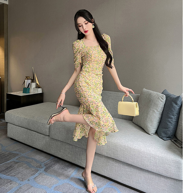 French floral chiffon slim fishtail dress summer women's fashion waist slim temperament fishtail skirt long skirt