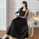 Waist a-line dress over the knee long mesh stitching French retro square collar pleated slim fit niche autumn