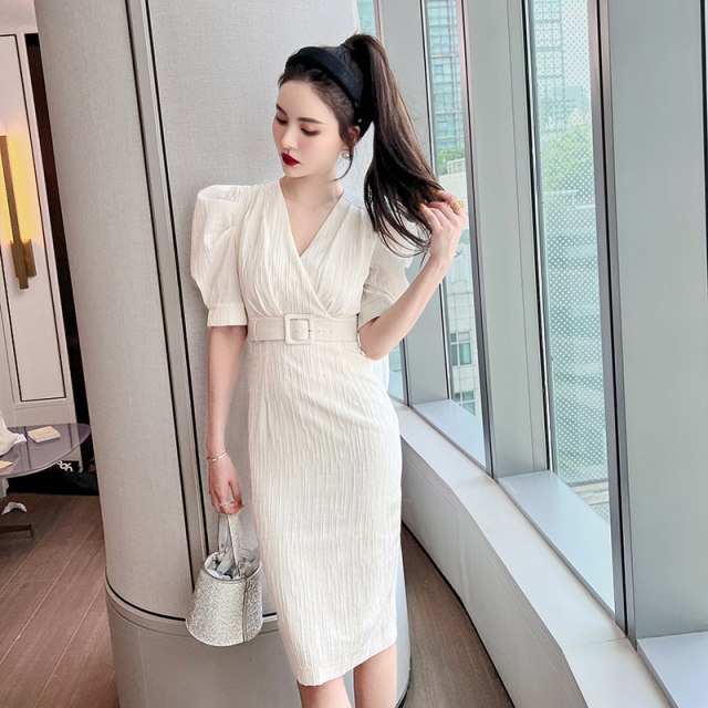 Sen department gentle wind dress chic high-end summer and Korean retro waist design thin ins wind dress