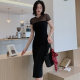 Summer new sexy tight-fitting hip dress women's short-sleeved solid color mesh bottom black mid-length skirt