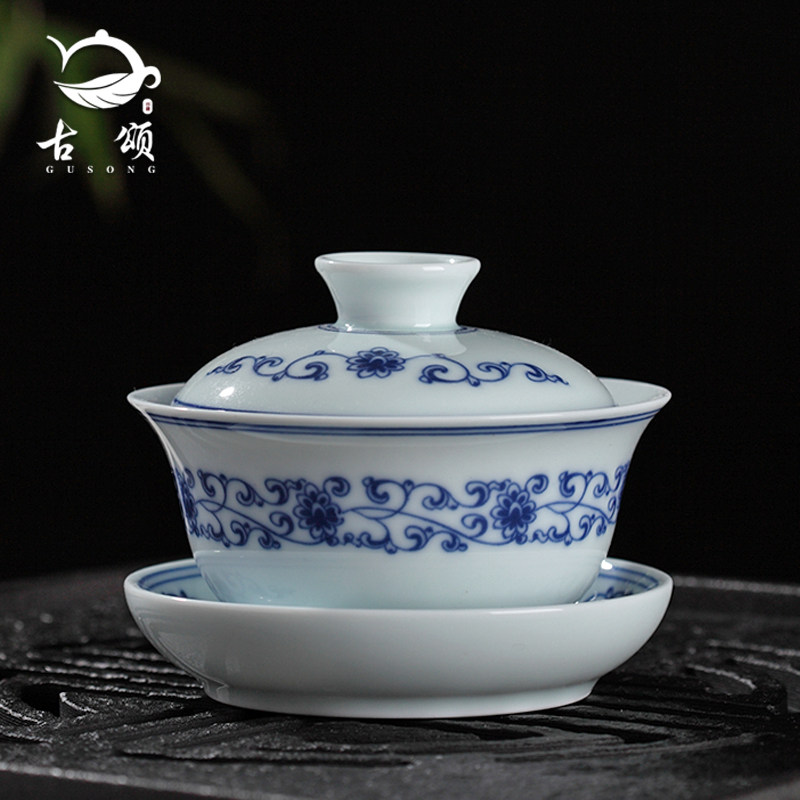 Gu Songgai bowl tea cup tea bowl big tea set Jingdezhen blue and white porcelain tea bowl ceramic white porcelain three talent Bowl hand grab pot