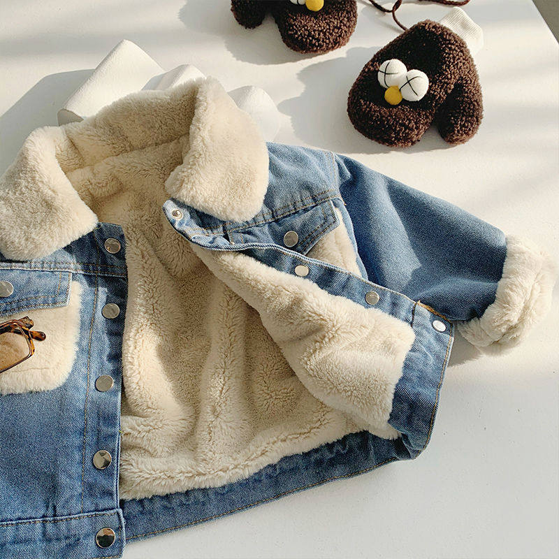 Child Gush Thickened Denim Jacket Foreign Pie 2022 Winter Dress Girl Han Version Denim Boy Handsome Baby Boom