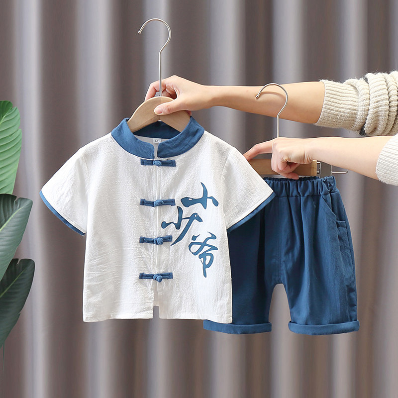 Boy Summer Clothing Cotton Linen Suit Summer 2022 New China Wind Hanfu Short Sleeve Ancient Dress two sets of donuts