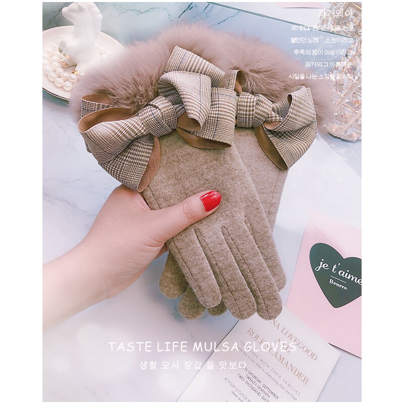 Gloves Female Winter Warm Plus Suede Thickened Touch Screen Cute Korean Version Fall Riding Electric Car With Real Rabbit Fur Cashmere-Taobao