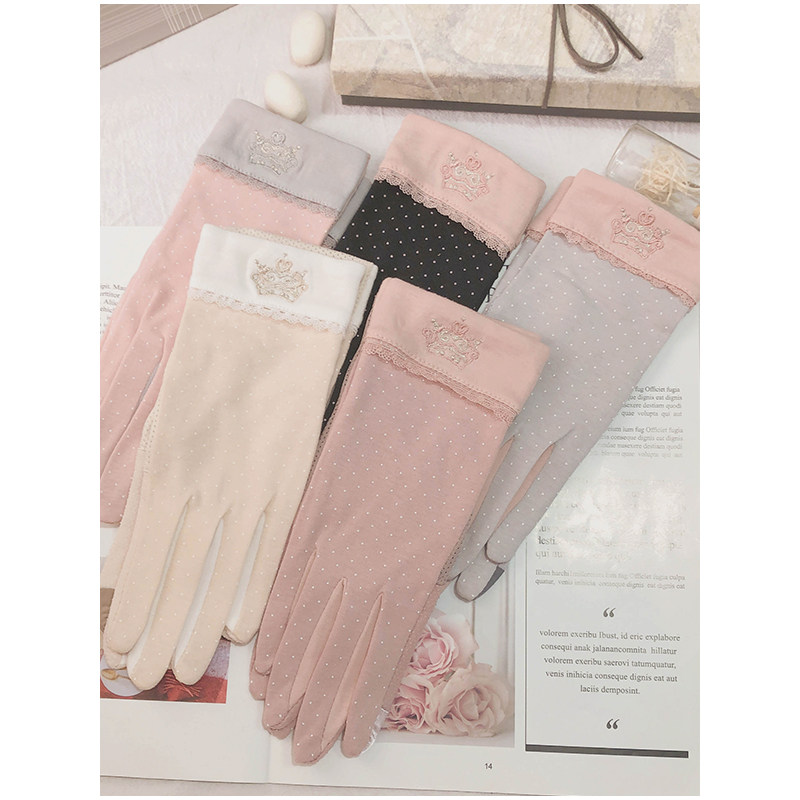 Sunscreen gloves female thin section cute short stickers driving electric bicycle spring and autumn lace cotton touch screen elastic summer