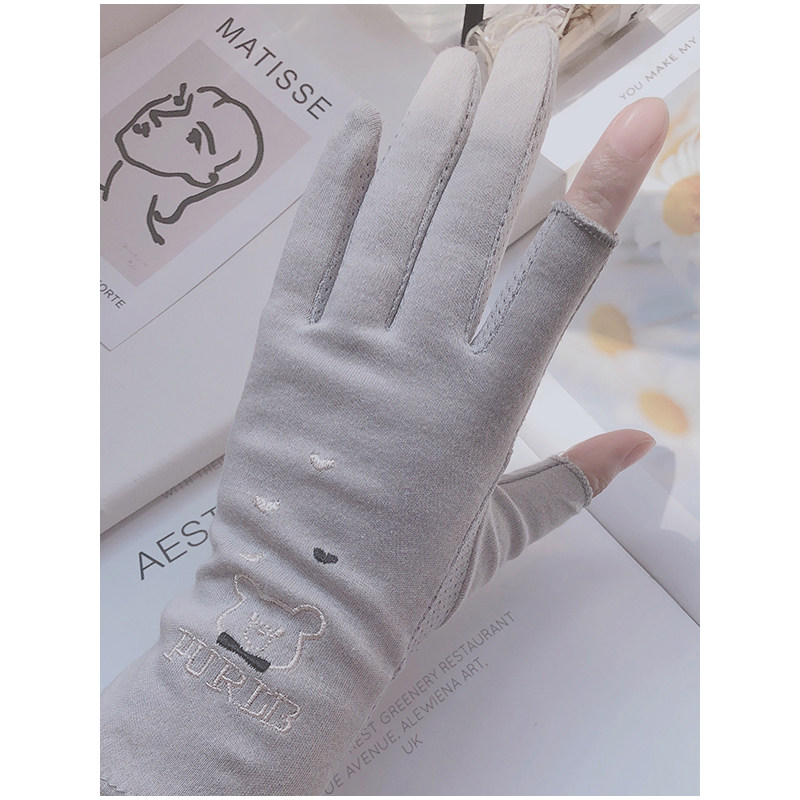 Sunscreen gloves women's anti-UV driving spring and autumn cute riding electric bicycles exposed two fingers cotton cute summer thin section