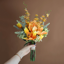 Bouquet Cymbidium rose peony daisy Bride wedding photography simulation fake flower home living room decoration Champagne orange
