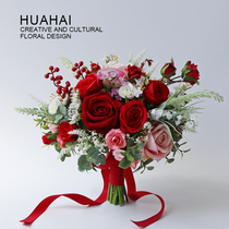 Red rose Peony Silver lotus English hand-held simulation flower Bride wedding photography props Home table decoration ornaments