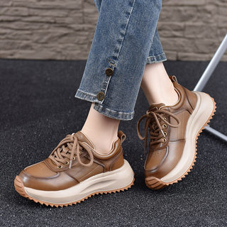 Genuine Leather Women's Shoes 2026 Spring and Autumn Thick-Soled Dad Shoes for Women in Khaki Color, Height-Increasing Versatile Sports Casual Shoes