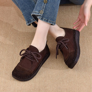First-Layer Cowhide Shoes for Women 2026 Spring and Autum New Style Round Toe Soft Sole Genuine Leather Retro Handmade Casual Shoes Lace-Up Flats