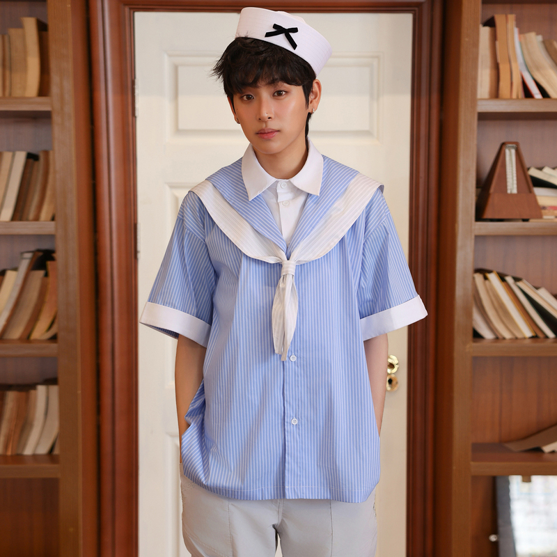 Mechheart Navy Collar Short-Sleeved Blue Striped Fake Two-Piece Sailor Shirt