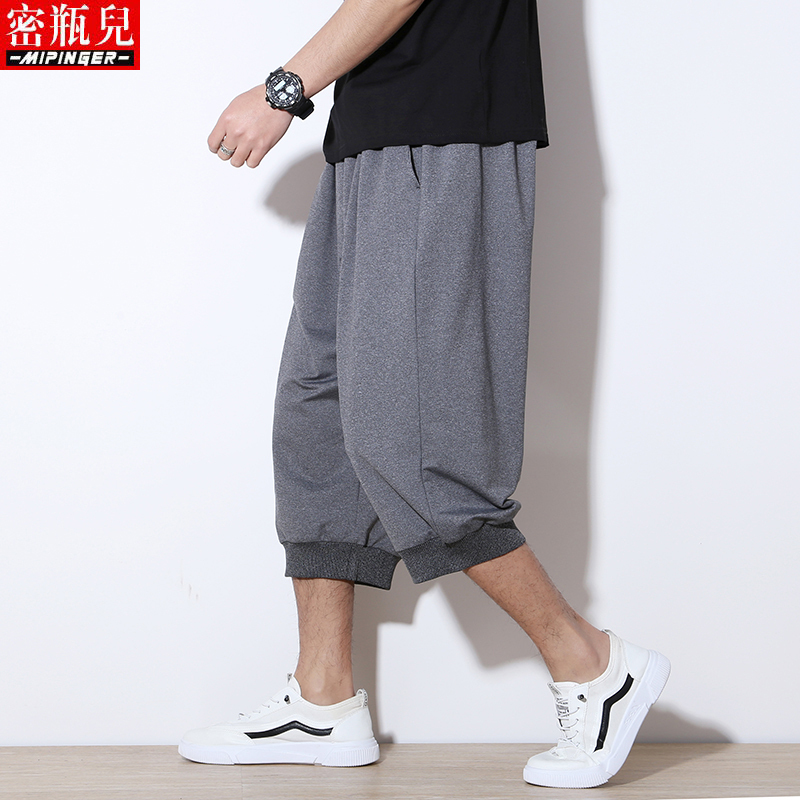 Men's Loose-Fitting Gray Capri Pants for Summer, Plus Size, Oversized, Casual Sports Mid-Length Shorts
