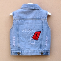 2022 Spring and Autumn Thin Childrens Denim Vest Boy Childrens Clothes Large and Medium Baby Vest Shoulder Vest Cartoon Denim Vest