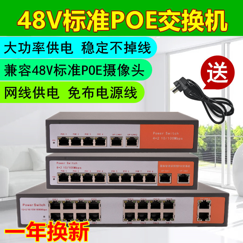 8 ports 100MB 48V standard POE switch network cable power supply 16 ports Gigabit 4 2-way surveillance camera lens Ethernet