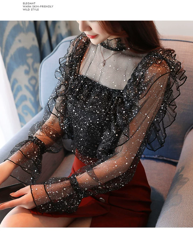 Mùa thu siêu cổ tích Starry Chiffon Áo sơ mi nữ dài tay Sexy phối cảnh lưới chạm đáy áo thời trang Quần áo ren