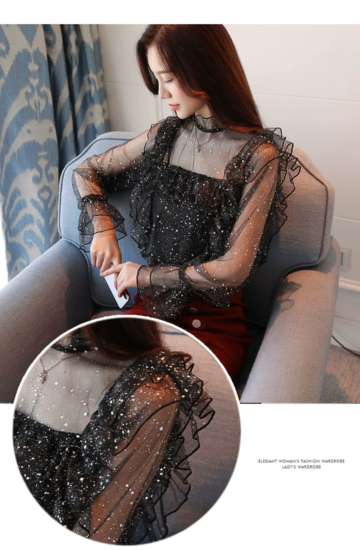 Mùa thu siêu cổ tích Starry Chiffon Áo sơ mi nữ dài tay Sexy phối cảnh lưới chạm đáy áo thời trang Quần áo ren