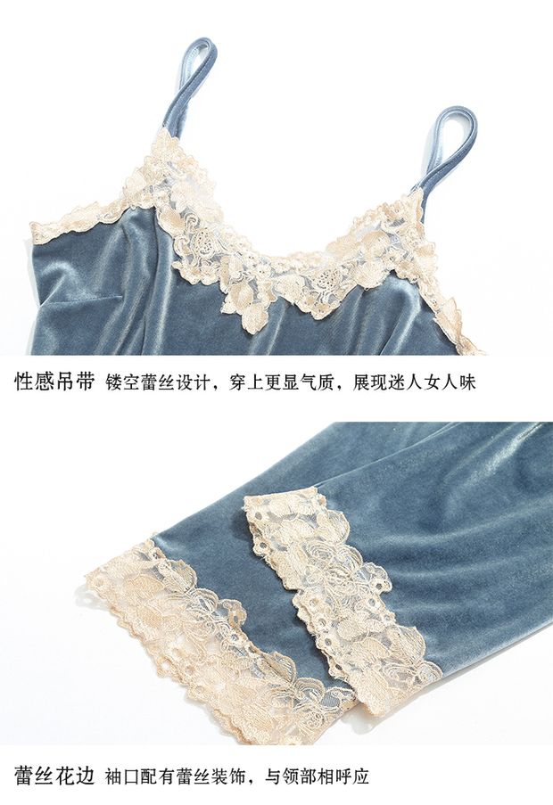 Bộ đồ ngủ bằng nhung vàng mới của phụ nữ áo ngủ ren ba mảnh mùa thu và mùa đông dài tay bên ngoài mặc dịch vụ mặc nhà bộ mặc nhà
