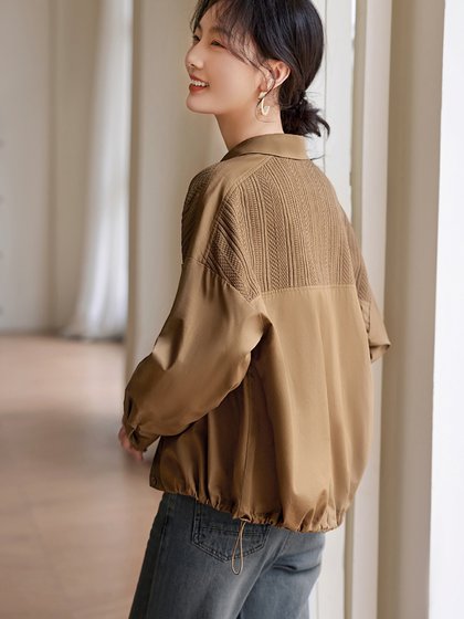 XWI欣未针织拼接抽绳轻薄衬衫外套女2025年春夏休闲简约通勤上衣