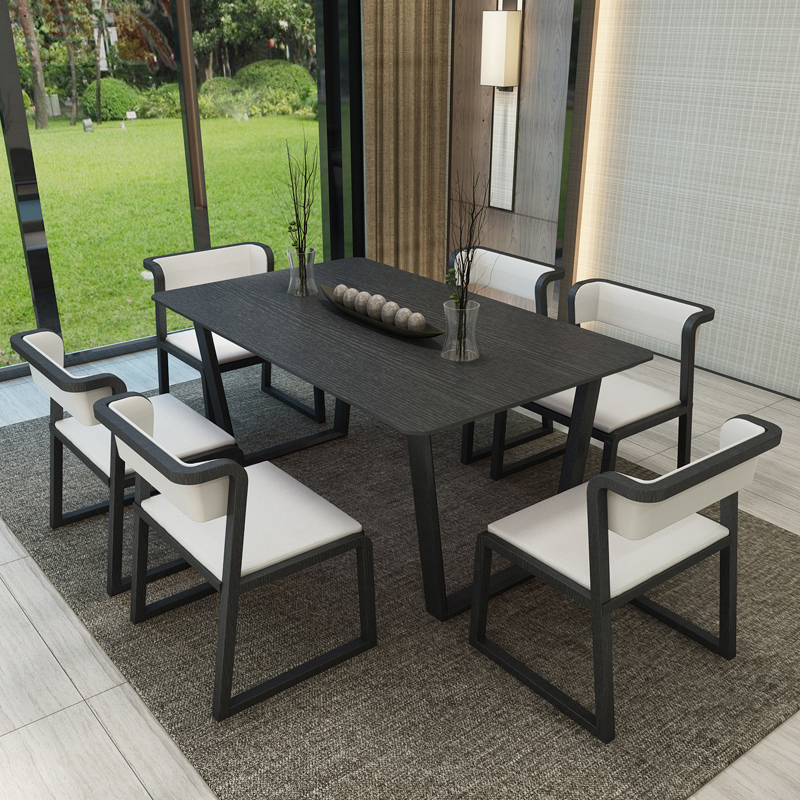 Nordic solid wood dining table and chairs set with modern minimalist black rice table small family shaped rectangular marble dining table