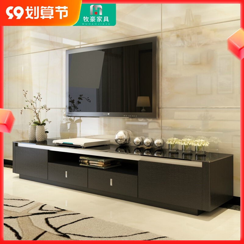Simple modern TV cabinet black solid wood tempered glass hallway cabinet small apartment coffee table TV cabinet combination