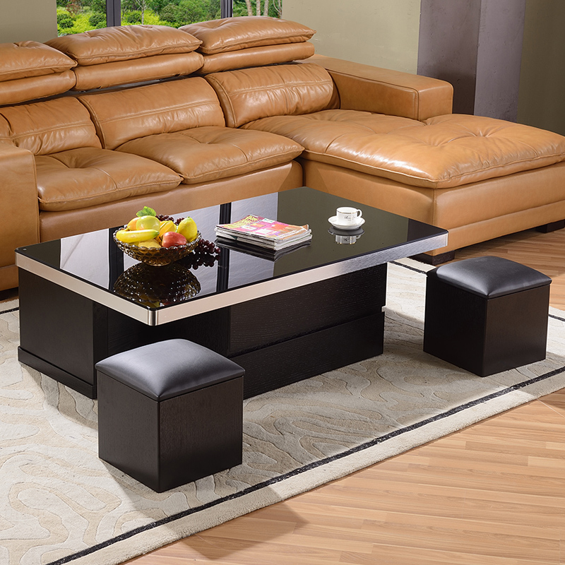 Simple modern solid wood black tempered glass tea table TV cabinet large and small family living room furniture with leather stool tea table