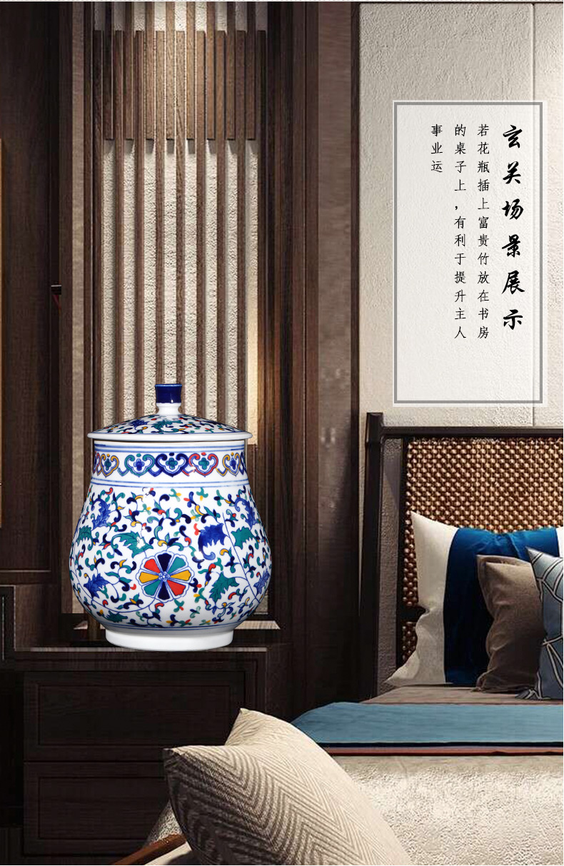 Jingdezhen ceramics craft ideas under the blue and white glaze colorful storage tank tea pot of new Chinese style living room decoration