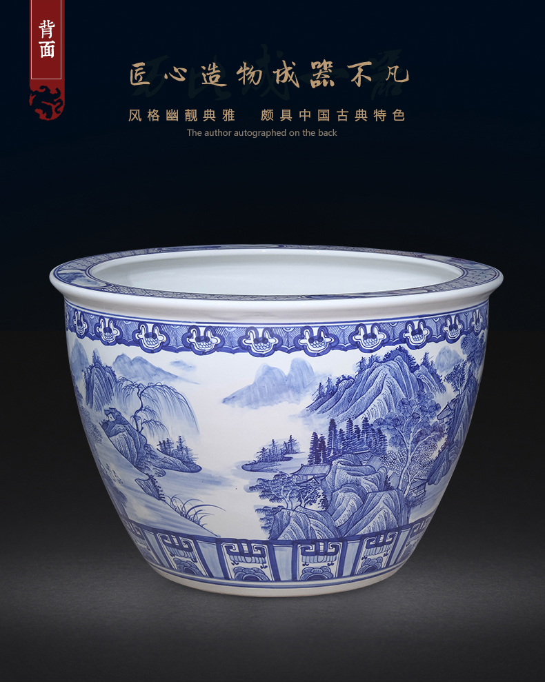 Jingdezhen ceramics hand - made scenery aquarium fish farming water lily of blue and white porcelain basin sitting room ground to heavy household size