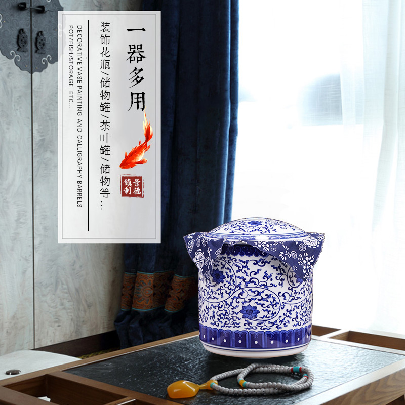 Blue and white porcelain of jingdezhen ceramics large tea pu 'er tea box box store receives tea cake tin, insect - resistant moistureproof
