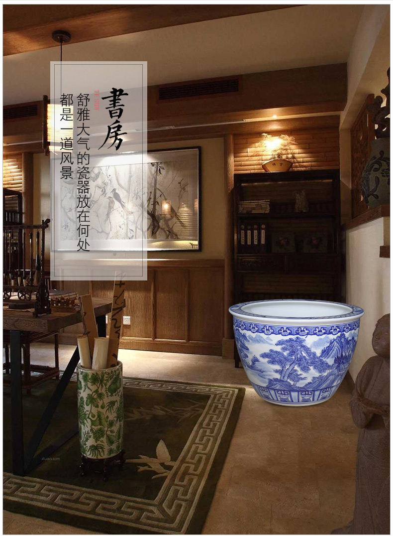 Jingdezhen ceramics hand - made scenery aquarium fish farming water lily of blue and white porcelain basin sitting room ground to heavy household size