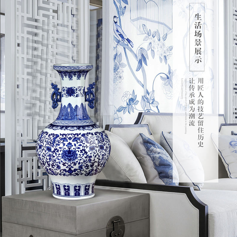 Jingdezhen ceramics archaize ears blue and white porcelain vase of new Chinese style home furnishing articles large living room