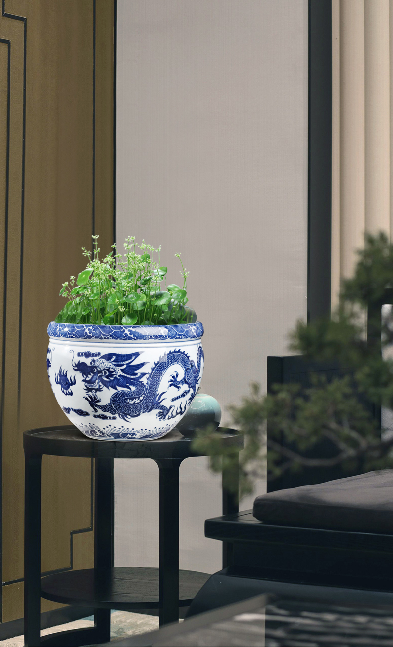 Jingdezhen ceramic blue aquarium large fish basin bowl lotus lotus lotus tortoise cylinder goldfish bowl sitting room