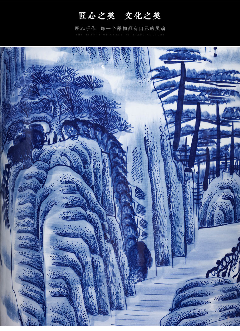 Jingdezhen ceramics hand - made guest - the greeting pine landscape painting of large blue and white porcelain vase villa hotel opening gifts