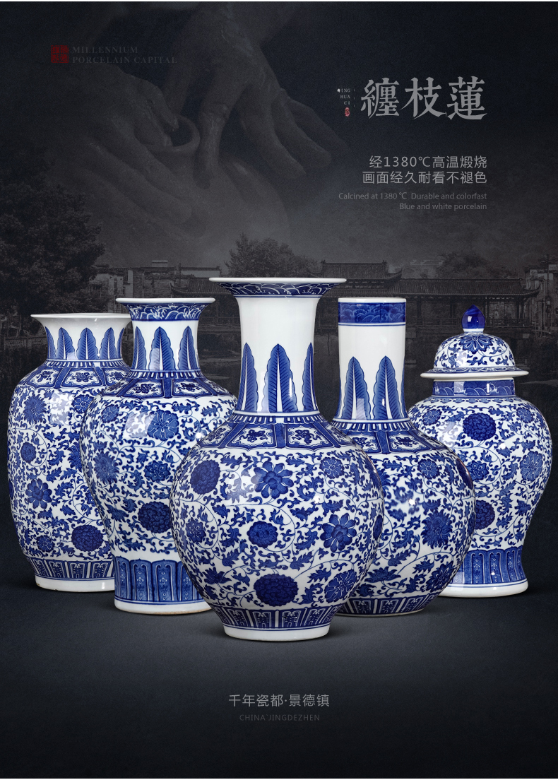 Jingdezhen ceramic blue and white porcelain vase is placed large sitting room of TV ark, wine study of new Chinese style household act the role ofing is tasted