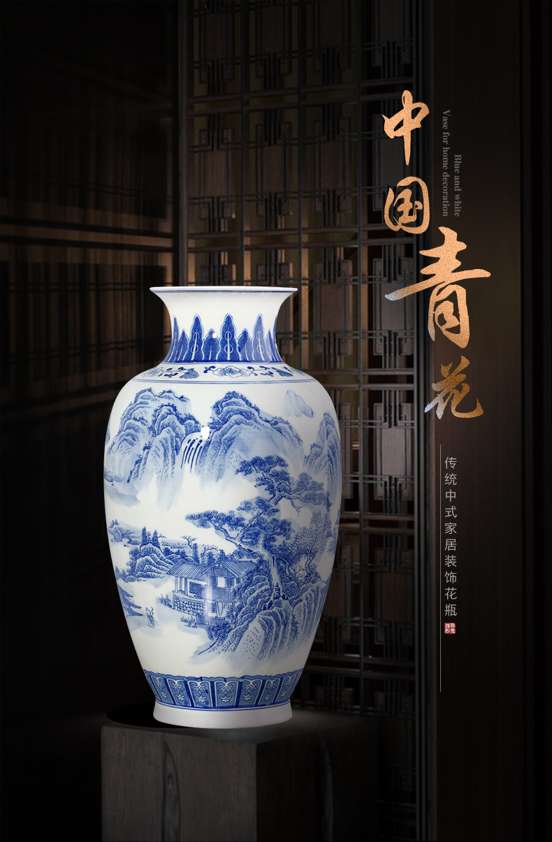 Jingdezhen ceramic landscape blue and white porcelain vase furnishing articles sitting room porch rich ancient frame of Chinese style household adornment arranging flowers