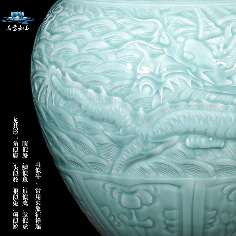 Jingdezhen ceramics pure manual shadow blue glaze carving dragon large vases, flower arranging new Chinese style living room furnishing articles