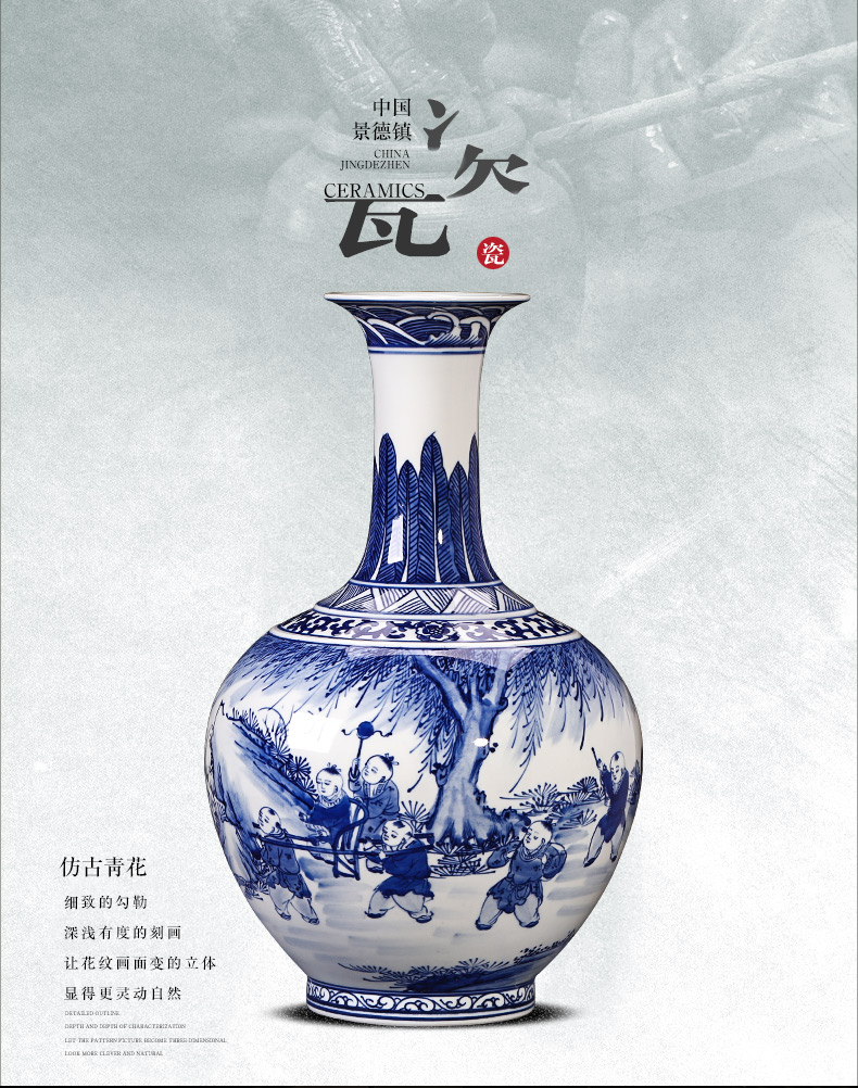 Jingdezhen ceramics hand - made antique blue and white porcelain vase furnishing articles sitting room flower arranging Chinese style household decorative arts and crafts