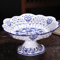 Jingdezhen ceramic blue and white Chinese hollow fruit plate sugar dried fruit basket fashion creative home living room ornaments