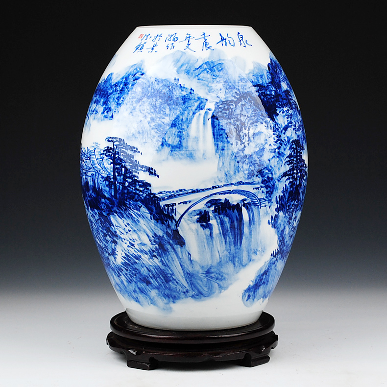 Jingdezhen blue and white landscape painting big celebrity virtuosi Wu Wenhan hand - made ceramics vase penjing collection certificate