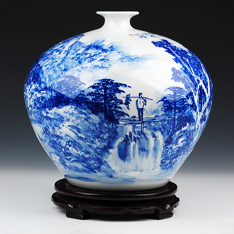 Jingdezhen blue and white landscape painting big celebrity virtuosi Wu Wenhan hand - made ceramics vase penjing collection certificate