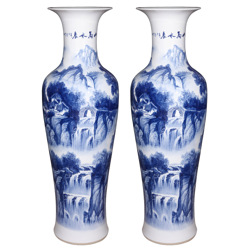 Jingdezhen ceramics hand - made landscape painting of large blue and white porcelain vase Chinese style living room TV cabinet porch place