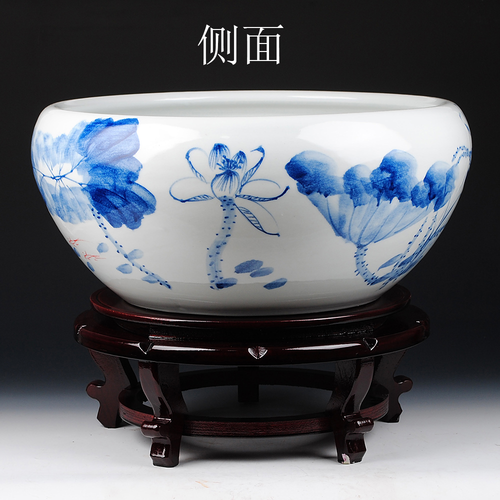 Blue and white shallow porcelain of jingdezhen ceramic goldfish bowl hand - made tortoise cylinder lotus lotus basin furnishing articles extra large