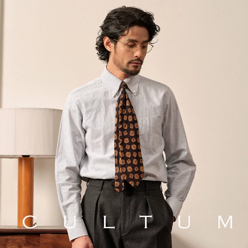 [Pure cotton Oxford] CULTUM washed striped button-down long-sleeved shirt men's retro college style shirt