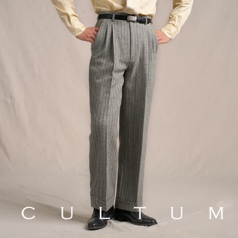【1930S 480g Heavy Wool】Cultum Thickened Hollywood Pants Double Pleated Straight-Leg Striped Dress Pants for Men 【1930S 480g Heavy Wool】Cultum Thickened Hollywood Pants Double Pleated Straight-Leg Striped Dress Pants for Men