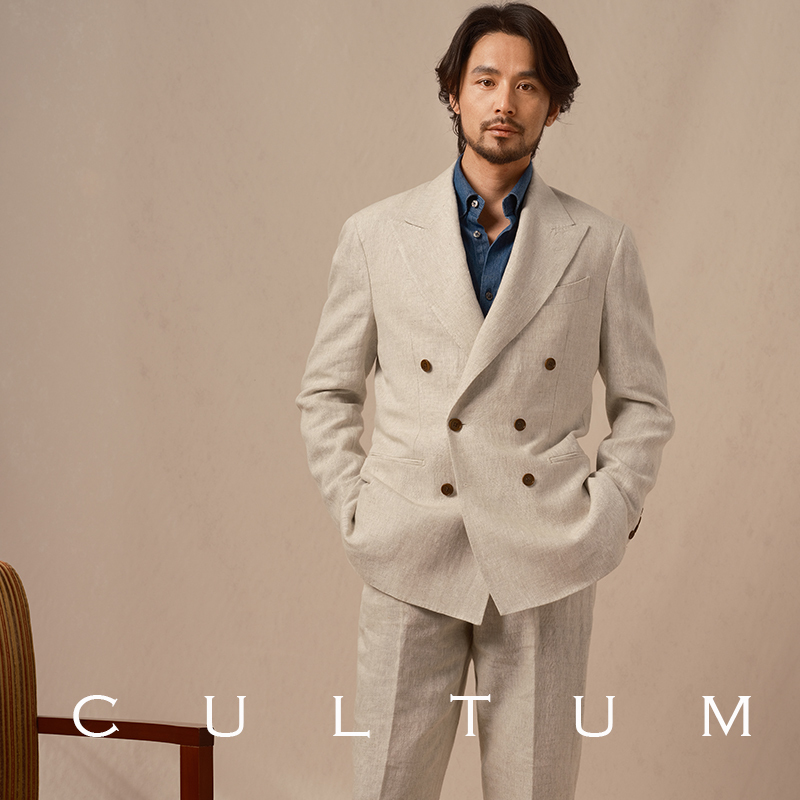 Cultum French Linen Italian Naples Double-Breasted Spring and Summer Suit Men's Peaked Lapel Casual Suit