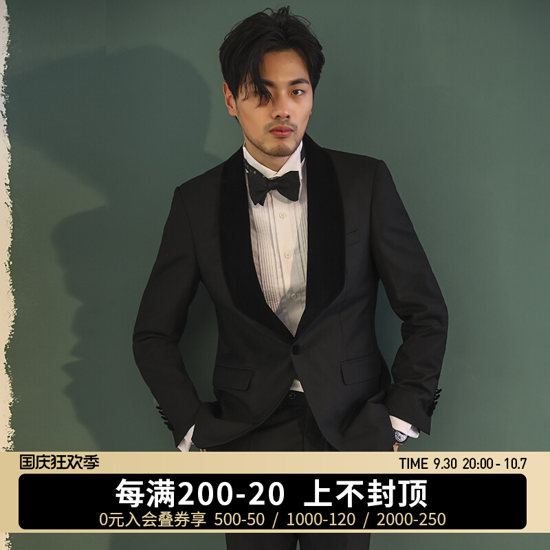 Korean version of gold velvet single-breasted slim male wedding banquet wedding groom suit suit dress male large size black