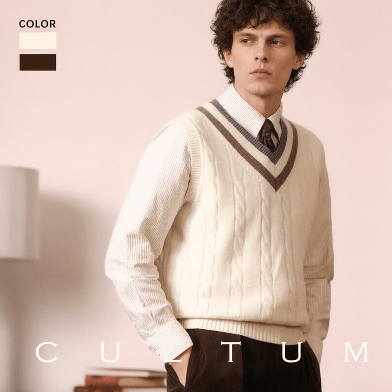 Cultum Merino Wool Knitted Sleeveless Vest Layered New Style Vest Men's Retro British Preppy Style Sweater Cultum Merino Wool Knitted Sleeveless Vest Layered New Style Vest Men's Retro British Preppy Style Sweater