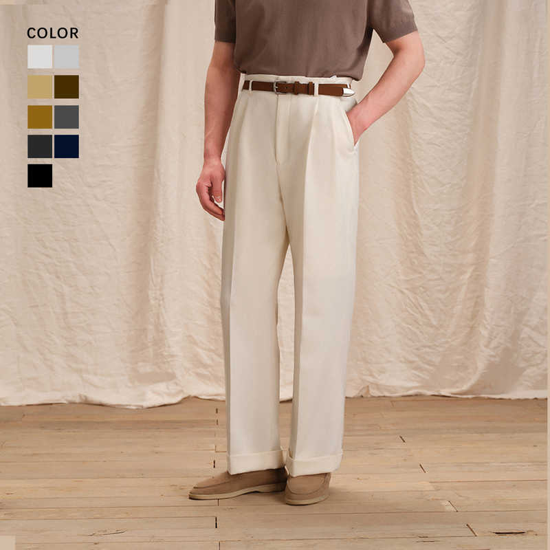 【Long-Lasting Shape】Cultum Breathable Straight Double Pleated Cavalry Slant Hollywood Trousers Casual Dress Pants for Men