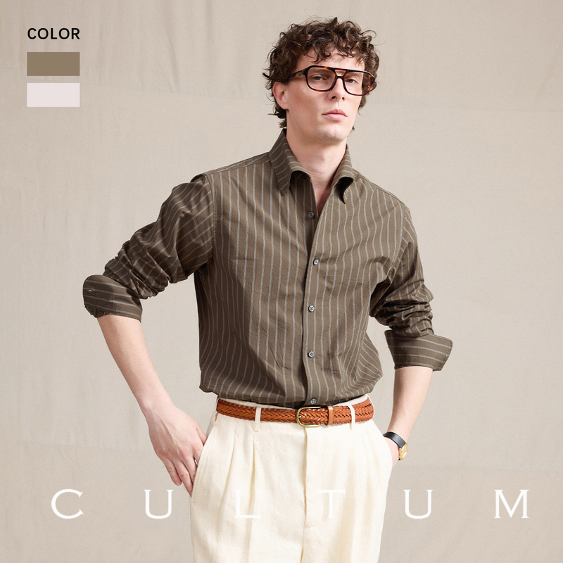 【Pure Cotton Bubble Yarn】Cultum Italian-Style One-Collar Striped Shirt for Men, Long Sleeve, Casual, Vintage, Lightweight Shirt 【Pure Cotton Bubble Yarn】Cultum Italian-Style One-Collar Striped Shirt for Men, Long Sleeve, Casual, Vintage, Lightweight Shirt